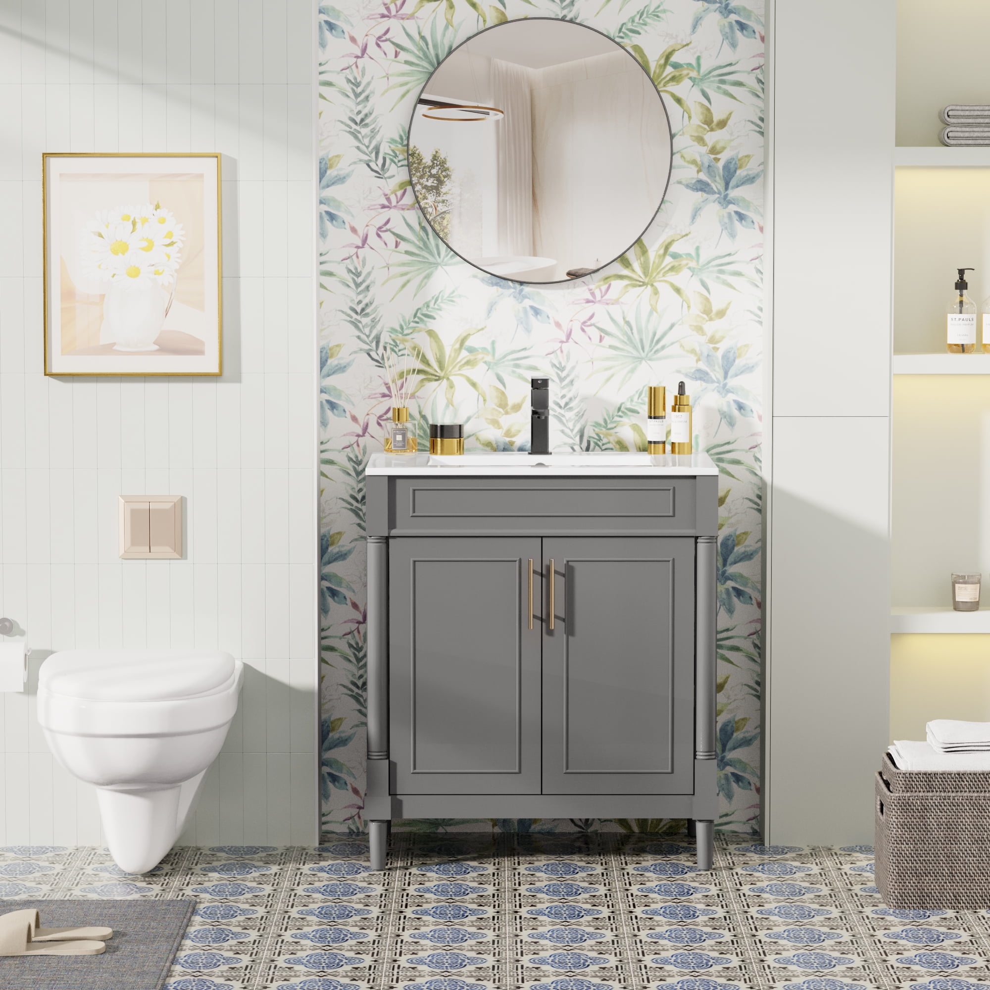 30" Freestanding Bathroom Vanity with Ceramic Sink Top, Faucet, Classic Tapered legs