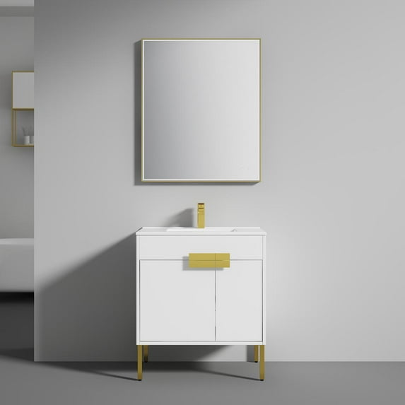 30" Freestanding Bathroom Vanity with Sink & Mirror & Medicine Cabinet - Brush Gold Hardware - Matte White