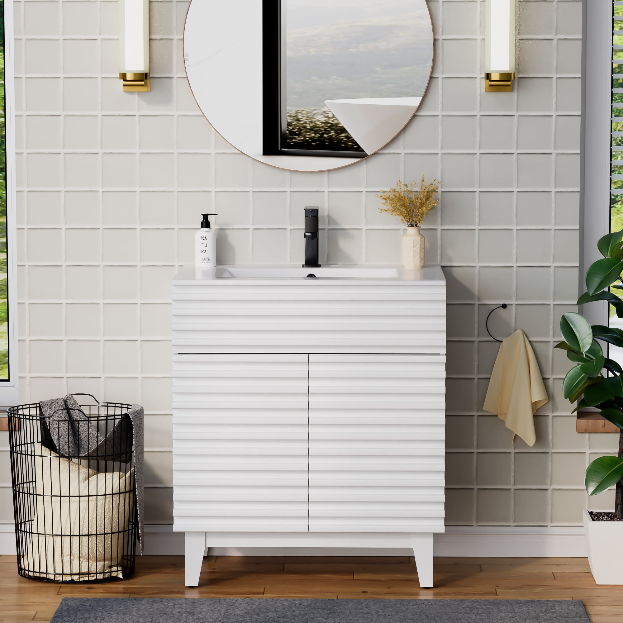 30" Freestanding Single Bathroom Vanity with Ceramic Top, Faucet, Wood Tune