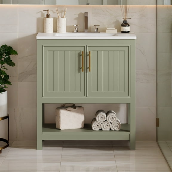 30" Freestanding Single Bathroom Vanity with Ceramic Top and Bottom Open Shelf, Green