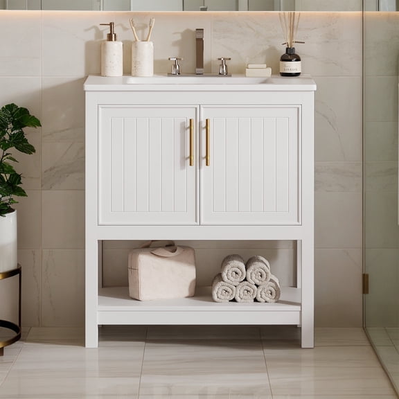 36-Inch Single Bathroom Vanity with Ceramic Top, 2 Glass Doors ...