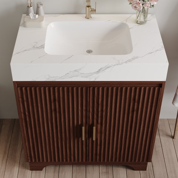 30" Freestanding Sintered Stone Countertop Bathroom Vanity with Ceramic Sink
