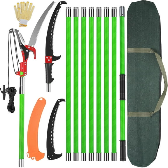 30 Ft Manual Pole Saw, Extendable Tree Pruner Blade and Scissors Set with 9 Fiberglass Handles, Long Branch Pruner Retractable for Backyard and Garden, Bush Cutting and Pruning of Palm Trees