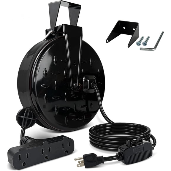 30 Ft Retractable Extension Cord Reel, 16/3 SJTW Power Cord with 3 Electrical Outlets, Ceiling or Wall Mount, 10 Amp Circuit Breaker, Metal Plate, Black