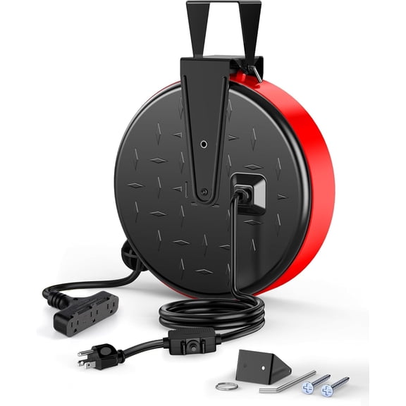 30 Ft Retractable Extension Cord Reel, Ceiling or Wall Mount 16/3 Gau SJTW Power Cord with 3 Electrical Outlets Pigtail for Gara and Shop, 10 Amp Circuit Breaker, Metal Plate, UL Listed