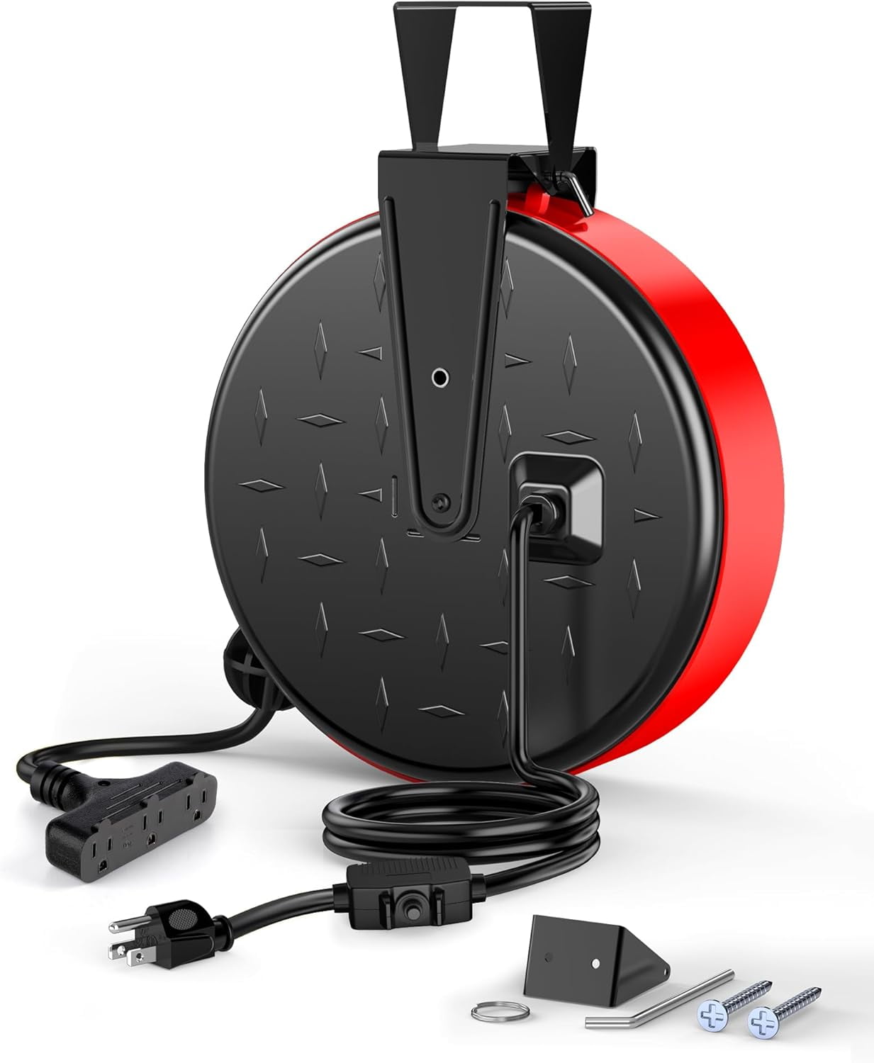 30 Ft Retractable Extension Cord Reel, Ceiling or Wall Mount 16/3 Gauge SJTW Power Cord with 3 Electrical Outlets Pigtail for Garage and Shop, 10 Amp Circuit Breaker, Metal Plate, UL Listed
