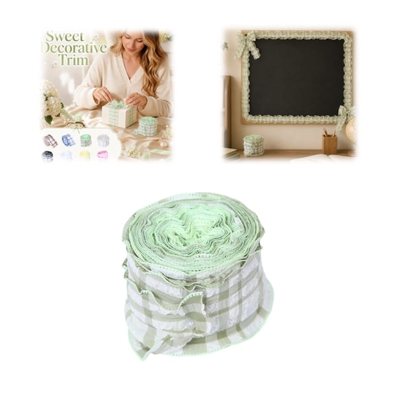 30 FT Ruffle Edge Plaid Ribbon Double Side Ruffled Checkered Chiffon Gingham Edging Trimming Lace Decorative Trim for Sewing Making Gift Wrapping Wedding DIY Craft Supplies,Green