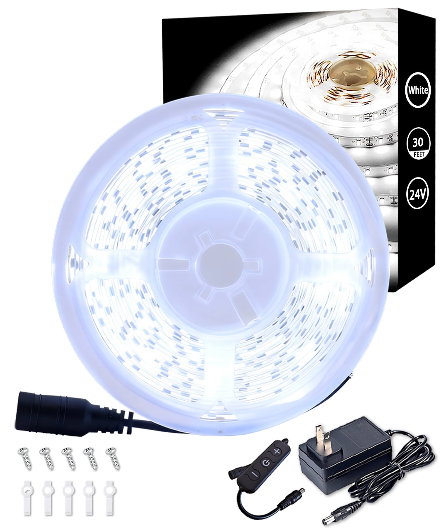 30 Ft White Led Strip Lights with Dimmer Control for Easter Housewarming Party Indoor Decor Cuttable Strip Lights for Baby Room Bedroom Living Room Kitchen