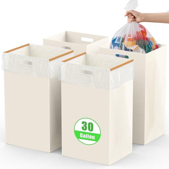 BlissBox 30 Gallon Parties Handles Outdoor Kitchen Cardboard Garbage Cans Set with Trash Bags, White, 4 Count