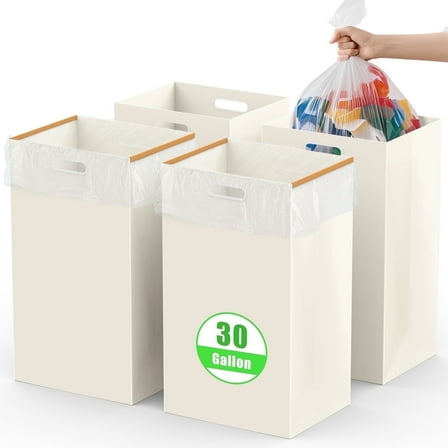 BlissBox 30 Gallon Disposable Trash Cans , 4 Pack Extra Large disposable Trash Can for Parties, Extra-Thick Cardboard Reusable Garbage Cans with Built-in Handles, Perfect for Parties, White