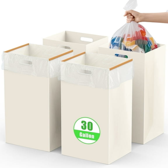 BlissBox 30 Gallon Disposable Trash Cans , 4 Pack Extra Large disposable Trash Can for Parties, Extra-Thick Cardboard Reusable Garbage Cans with Built-in Handles, Perfect for Parties, White