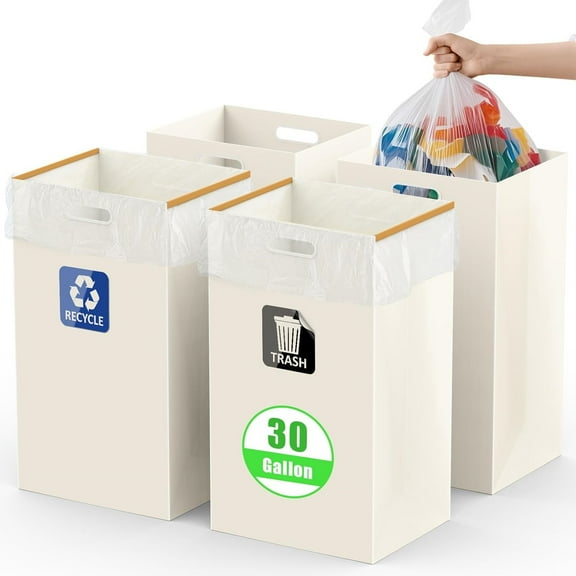 30 Gallon Disposable Trash Cans with Built-in Handles, 4 Pack Extra Large Portable Trash Can, Waterproof Layer Reusable Garbage Can, Recycling Bins