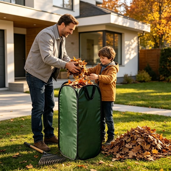 30 Gallon Garden Leaf Bag, Heavy Duty Oxford Fabric Yard Waste Storage Container with Carry Handles, Collapsible Self-Standing Lawn Debris Sack for Outdoor Cleanup, Green