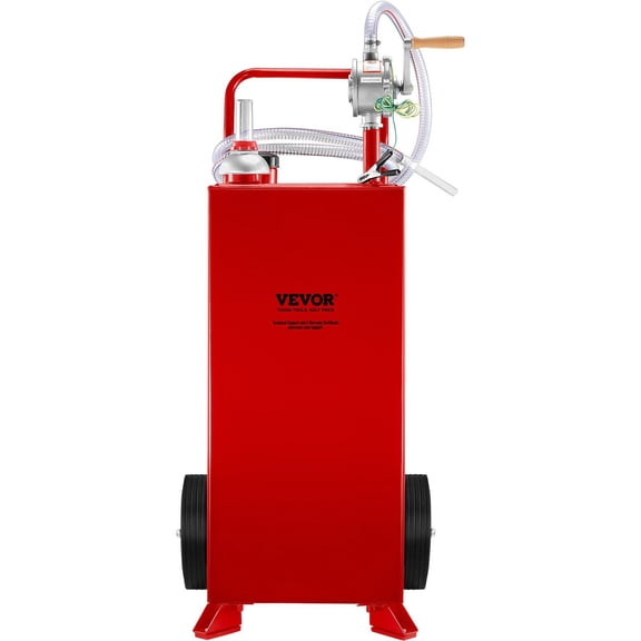 30 Gallon Gas Caddy with Manual Hand Pump, Portable Red Fuel Storage Tank on 2 Wheels for Gasoline & Diesel, for Cars, Lawn Mowers, ATVs, Boats