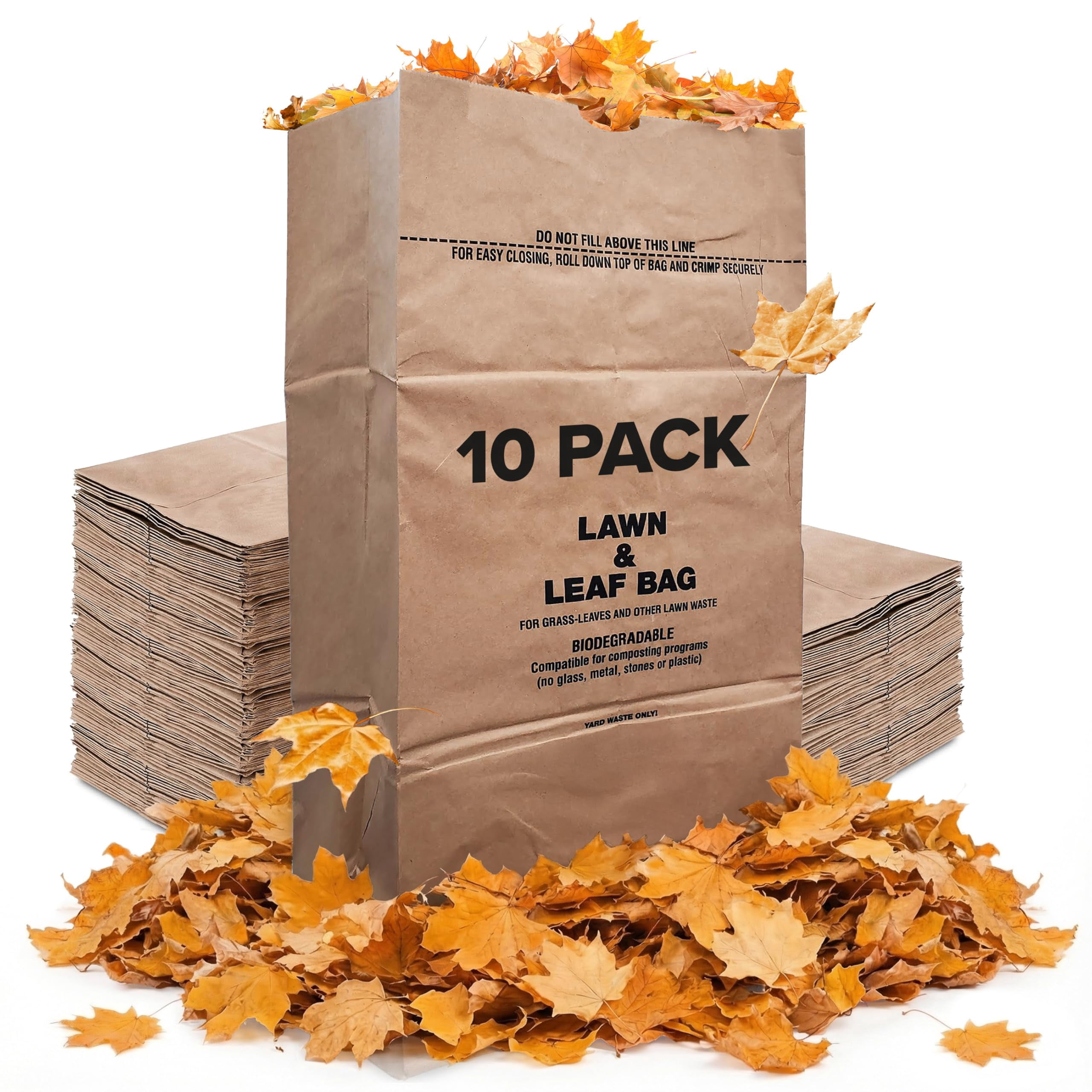 30 Gallon Kraft Lawn and Leaf Bags (10 Pack) Eco-Friendly Heavy Duty Large Paper Trash Bags, Tear Resistant Yard Waste Bags for Grass Clippings, Wet and Dry Leaves, Weeds, Twigs