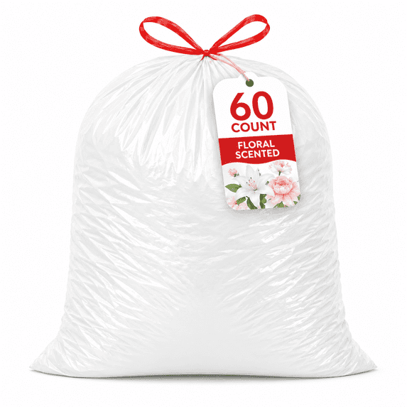 30 Gallon White Trash Bags, 60 Count, Floral Scented Drawstring Garbage Bags for Large Kitchen, Office, Garage and Household Cleanup