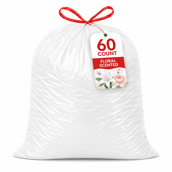 30 Gallon White Trash Bags, 60 Count, Floral Scented Drawstring Garbage Bags for Large Kitchen, Office, Garage and Household Cleanup