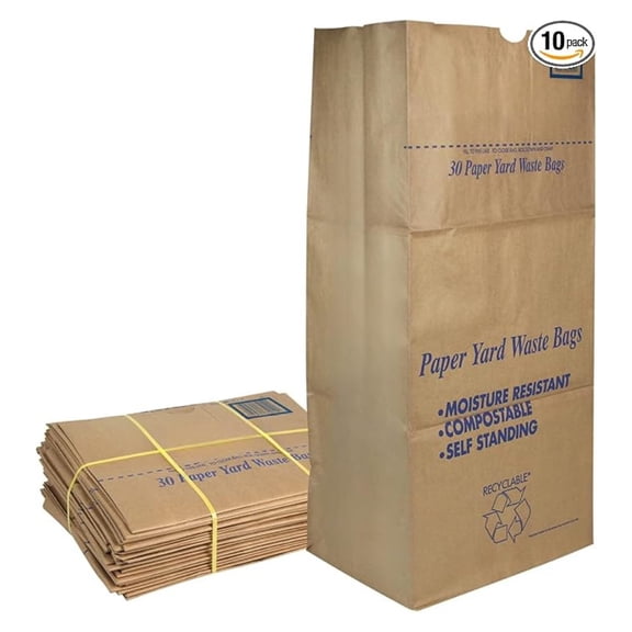 30 Gallon Lawn & Leaf 2-Ply Heavy-Duty Yard Waste Compost Refuse Paper Bags, Eco-Friendly, Tear Resistant, Self Standing, Biodegredable, Made in USA, 10 Count