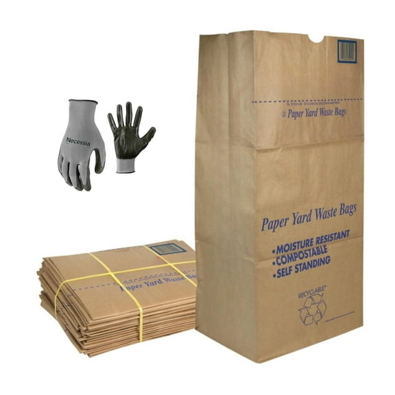 30 Gallon Lawn & Leaf 2-Ply Heavy-Duty Yard Waste Compost Refuse Paper Bags with Necessia Gardening Gloves, Eco-Friendly, Tear Resistant, Self Standing, Biodegredable, Made in USA, 30 Count