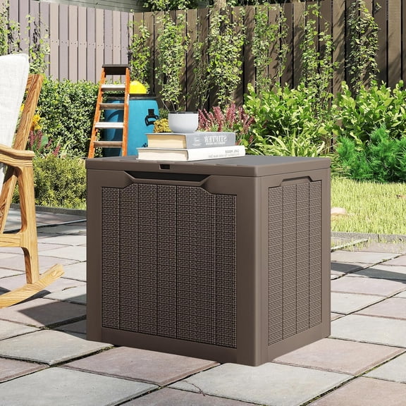 30 Gallon Outdoor Storage Box, Resin Deck Bench with Lockable Lid Waterproof Garden Tool Organizer for Pool