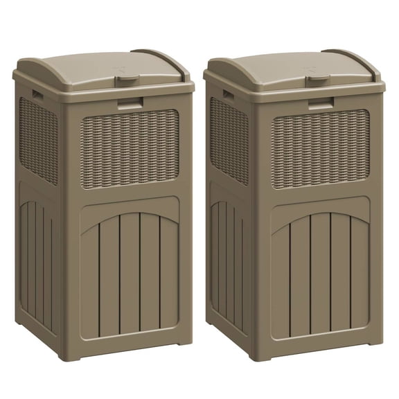 30 Gallon Outdoor Trash Can with Lid, Resin Waterproof Waste Bin for Patio, Backyard, Poolside (2 Pack, Brown)