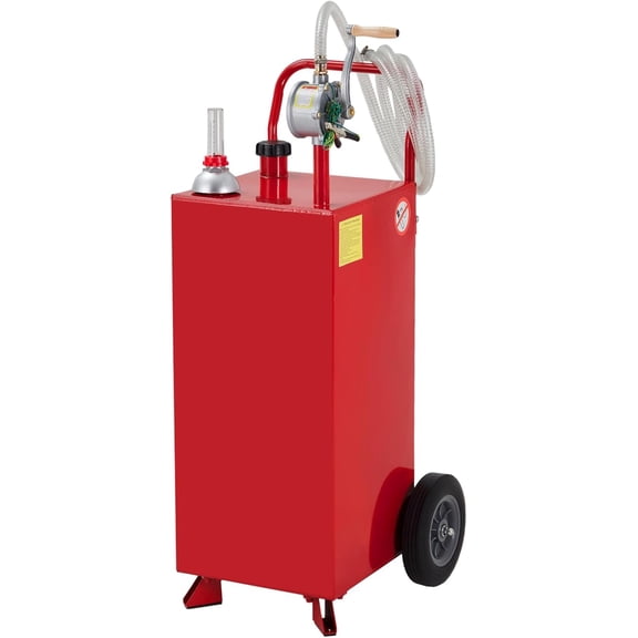 30 Gallon Portable Fuel Caddy - Gasoline and Diesel Storage Tank with Manual Transfer Pump and 2 Wheels for Boat ATV Lawn Equipment Red