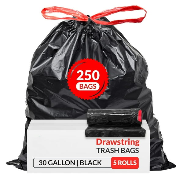 30 Gallon Trash Bags Drawstring | 250 Count Bulk | Black | 30 Gallon Garbage Bags Heavy Duty | Large
