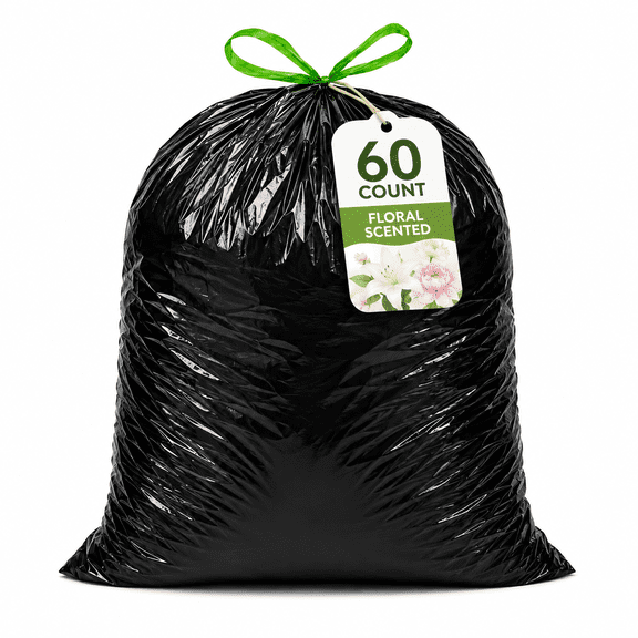 30 Gallon Black Trash Bags, 60 Count, Floral Scented Drawstring Garbage Bags for Large Kitchen, Office, Garage and Household Cleanup
