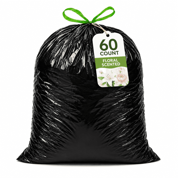 30 Gallon Black Trash Bags, 60 Count, Floral Scented Drawstring Garbage Bags for Large Kitchen, Office, Garage and Household Cleanup