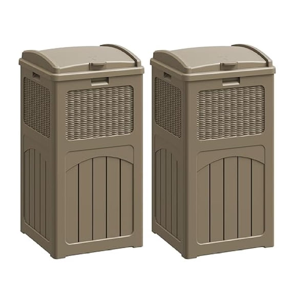 30 Gallon Trash Can, Resin Outdoor Garbage Can with Lid, Waterproof Hideaway Patio Waste Bins for Outside Use (2 Pack, Brown)