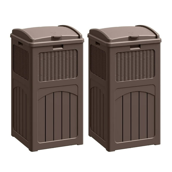 30 Gallon Trash Can, Resin Outdoor Garbage Can with Lid, Waterproof Hideaway Patio Waste Bins for Outside Use (2 Pack, Deep Brown)
