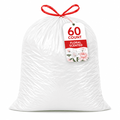 30 Gallon White Trash Bags, 60 Count, Floral Scented Drawstring Garbage Bags for Large Kitchen, Office, Garage and Household Cleanup