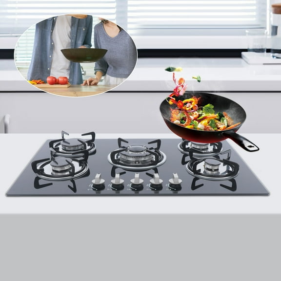 30" Gas Cooktop 5 Burners Gas Stove Gas Hob Stovetop Tempered Glass Cooktop Cast Iron Grates Built-in Gas Stove Top LPG/NG Gas Cooktop Flameout Protection