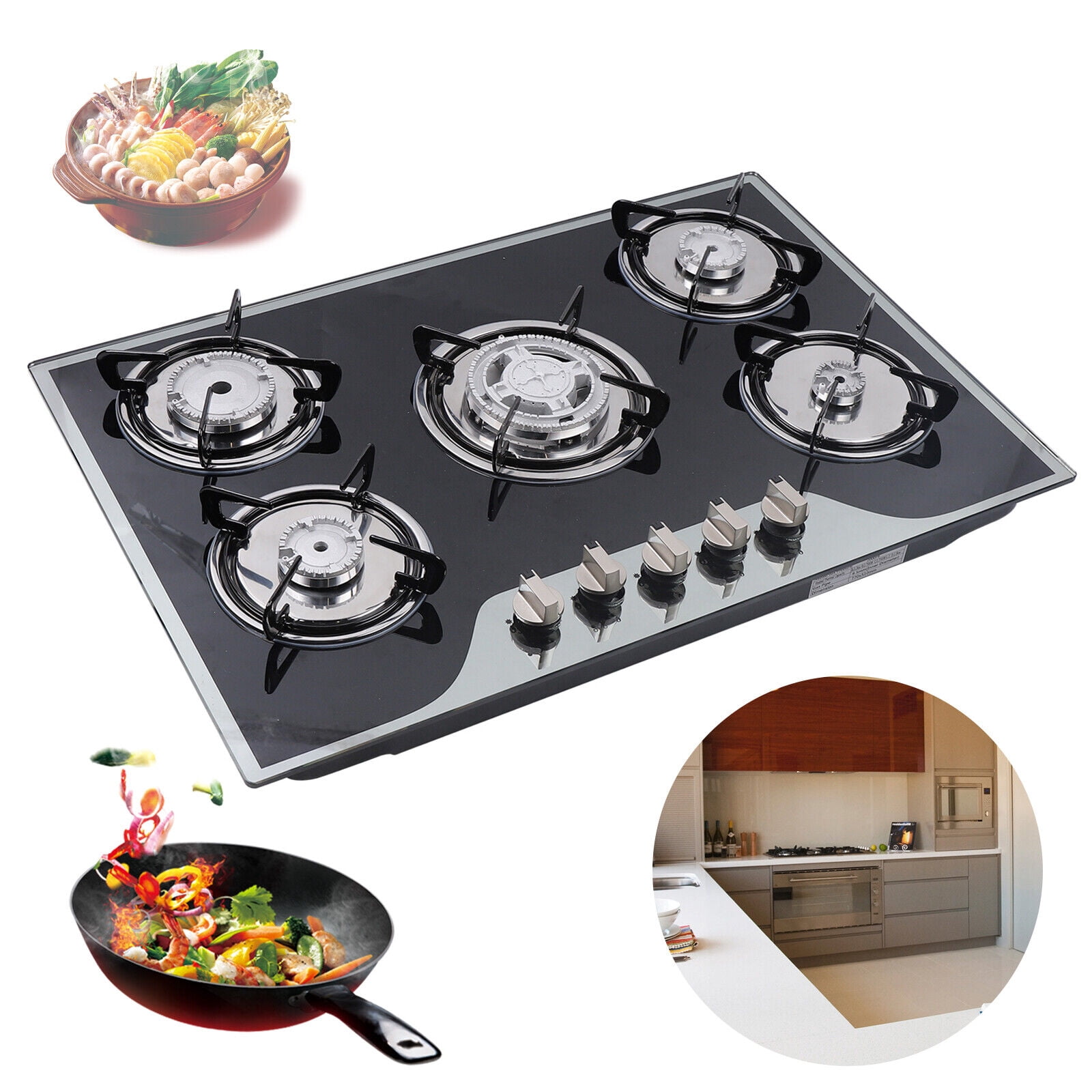 30" Gas Cooktop Stove Top 5 Burners LPG/NG Dual Fuel Stainless Steel Built-In 2000Pa 30.5*20.1*2.6in for Domestic or Commercial Cooking in Homes or Restaurants