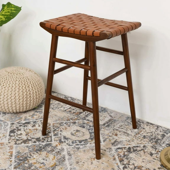 30" Genuine Leather Bar Stool In Tan With Solid Wood Frame - Mid-century Modern Style, Comfortable For Counter, Rustic Essence Upholstered Modern, Suitable Kitchen, & , Brown Hue