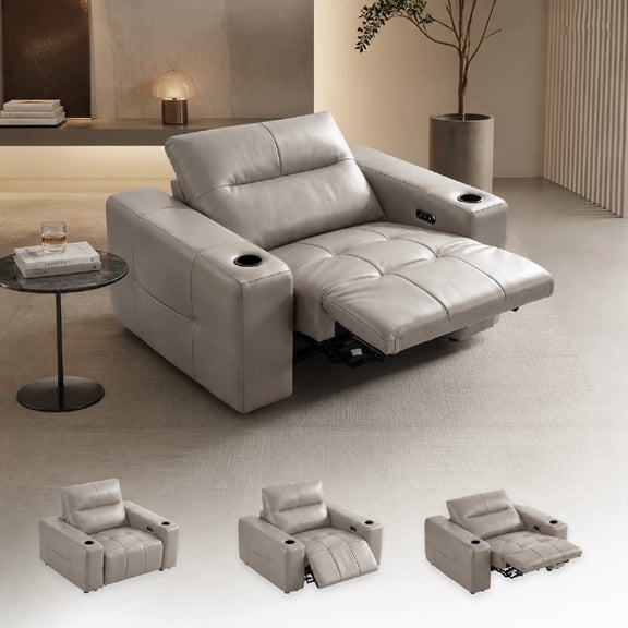 30" Genuine Leather Power Recliner Chair, Zero Gravity Electric Recliner with Cup Holder and USB Charging Ports, Single Leather Reclining Chair with Side Pockets for Living Room Home,Theater,Khaki