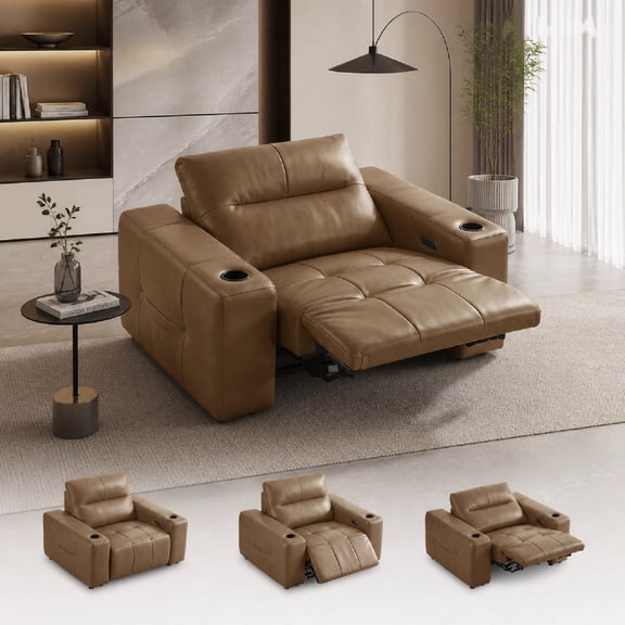 30" Genuine Leather Power Recliner Chair, Zero Gravity Electric Recliner with Cup Holder and USB Charging Ports, Single Leather Reclining Chair with Side Pockets for Living Room Home,Theater, Brown