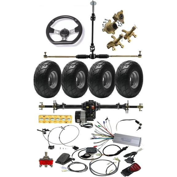 30" Go Kart Rear Axle Kit & 48V 1000W Electric Brushless Differential Motor Controller &16x8-7" Road Tires Wheels + Steering Assembly for Racing ATV Quad Bike Buggy 4 Wheelers Golf Cart Trike Karting
