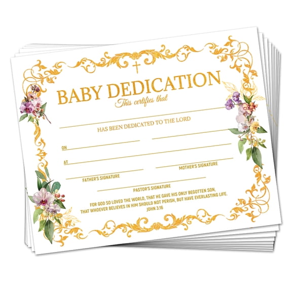 30 Gold Vine Flower Baby Dedication Certificates 9.8" x 7.8" Blank Baptism Certificates for Church Dedication Christening Milestone Gifts for Children