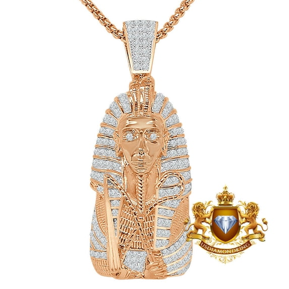 30+ Grams Real Silver Simulated Diamond Egyptian King Tut Pharaoh Charm Pendent Over Rose Gold