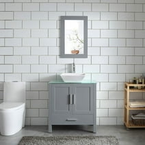 30" Gray Bathroom Vanity and Sink Combo MDF Wood Glass Top Heighten Cabinet w/Mirror Faucet and Drain