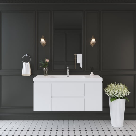 30" Gray Bathroom Vanity with One-Piece White Sink Basin | Large storage drawers, handle-free modern design, pre-assembled