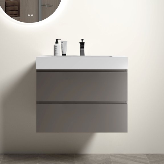 30" Gray Wall-Mounted Bathroom Vanity with Eco-Friendly Boards and Zero-Permeability Basin