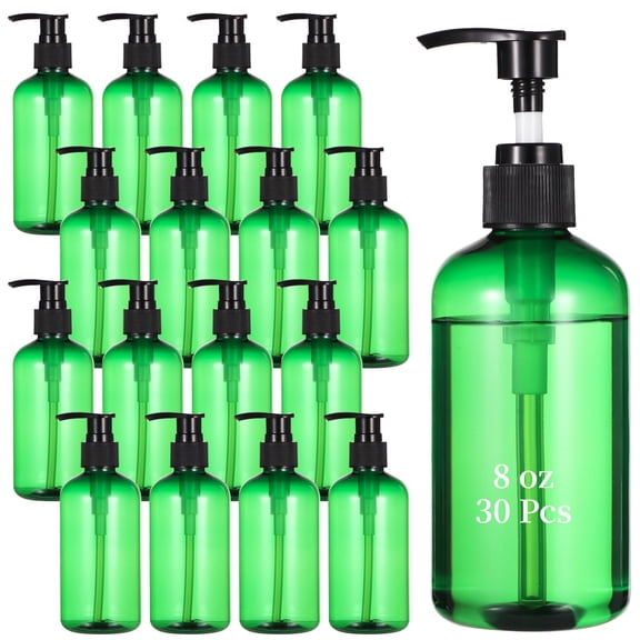 30 Green Pump Bottles, 8 oz Empty Plastic Containers, Refillable Dispenser Bottles for Travel, Lotion, Shampoo, Conditioner, Cream, Liquid