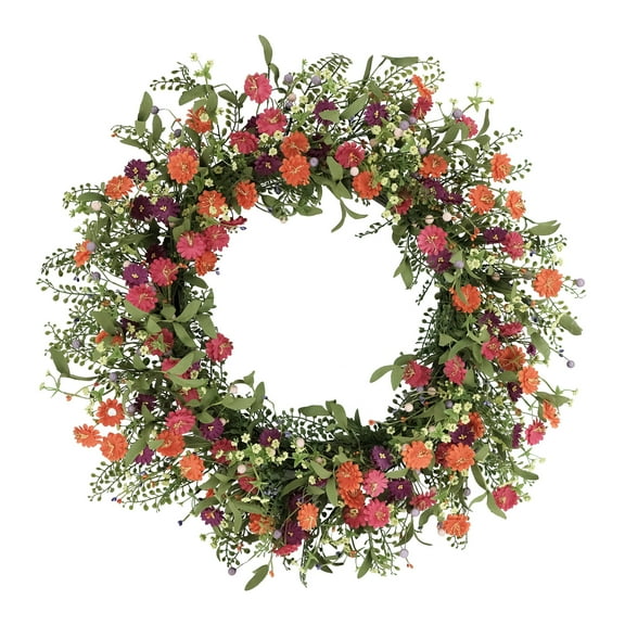 CC Christmas Decor 30" Green and Red Puleo International Artificial Daisy Floral Spring Wreath