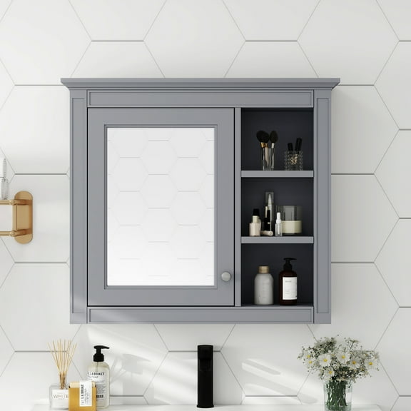 30" Grey Modern Bathroom Medicine Cabinet with Mirror, Wall Mounted MDF Storage Unit with 5+ Open Shelves, Concealed & Display Storage for Bath, Bedroom, Living Room, Easy Assembly