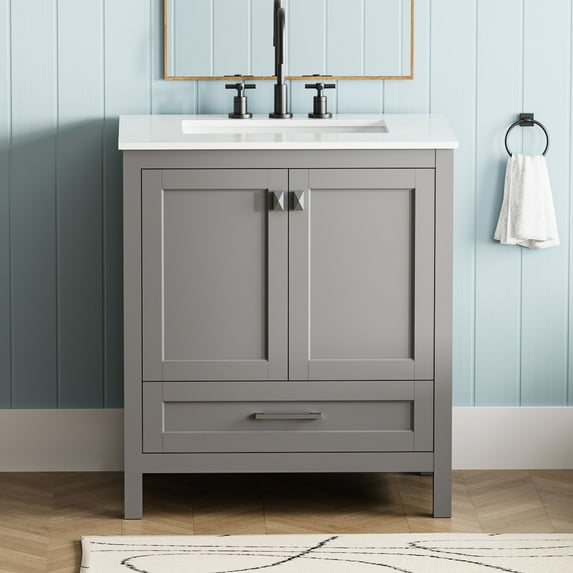 30" Grey Vanity - Marble Countertop & Soft - Closing System - Bathroom Setup - Functional Storage Solution