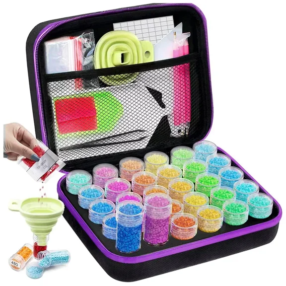 30-Grid Portable Diamond Art Storage Box with Tools & Spill-Proof Containers for Craft Beads, Travel & Home Organization