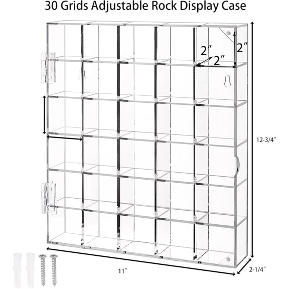 30 Grids Adjustable Rock Display Case, Clear Wall Mounted or Desktop Acrylic Rock Collection Organizer Display Shadow Box with Door for Arrowhead Rock, Crystal, Gems, Collectibles