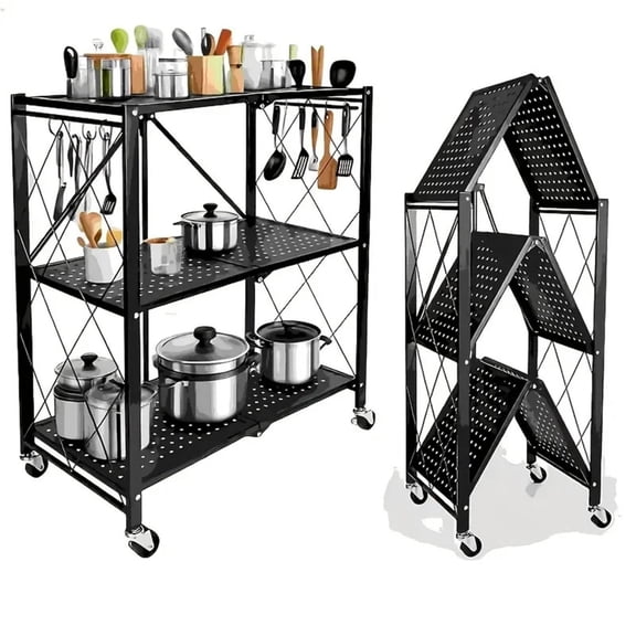 30"H 3-Tier Folding Metal Storage Shelves with Wheels, Multi-Layer Mobile Kitchen Storage Rack, Heavy Duty Foldable Organizer Cart for Pantry Garage Bathroom, Black